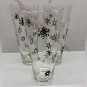 Set of 3 Vintage Federal Glass Atomic Snowflake Highball Glasses Black and Gold